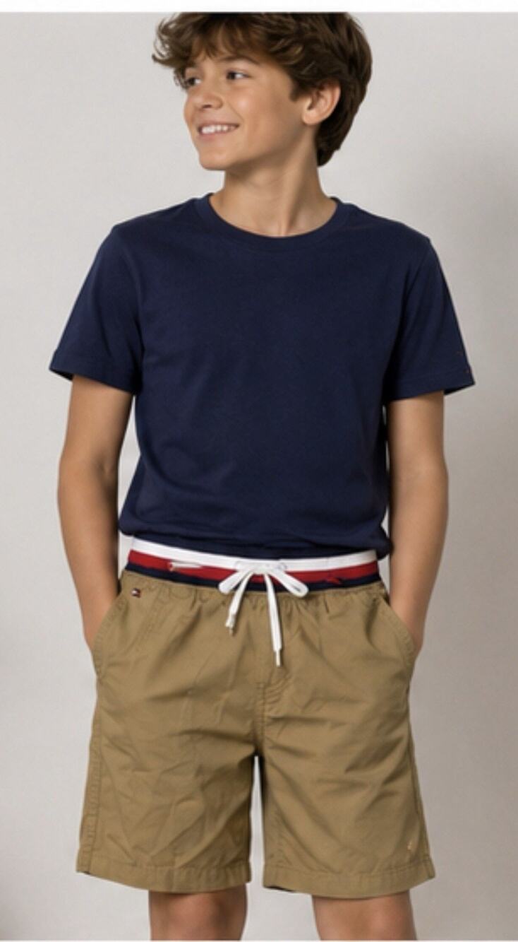 Tommy Hilfiger Boys M 12/14 Khaki Pull On Shorts Stripe Waist Drawstring